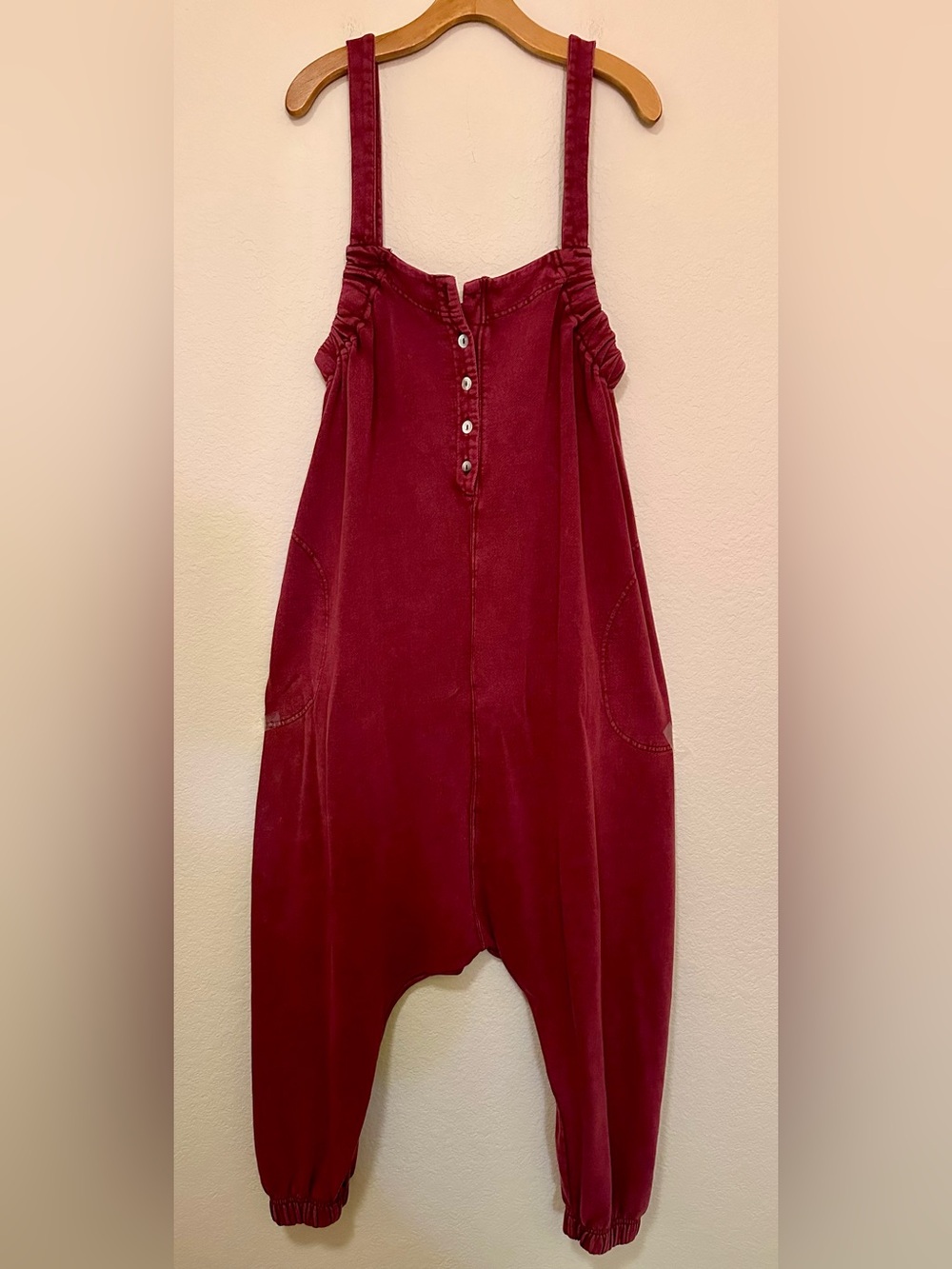 Free People One Piece Jumpsuit Drop Crotch Red Wine 100% Cotton Oversized Small